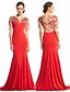 cheap Prom Dresses-Mermaid / Trumpet See Through Prom Formal Evening Dress Scoop Neck Half Sleeve Sweep / Brush Train Tulle Jersey with Beading 2020