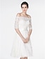 billiga Bröllopsbutiken-a-line bröllopsklänningar off shoulder knälång spets 3/4 lång ärm formell romantisk liten vit klänning illusion ärm med spets