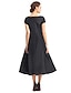 Χαμηλού Κόστους Κοκτέιλ Φορέματα-μαύρο φόρεμα σε γραμμή vintage επισκεπτών γάμου με μήκος τσαγιού κοντό μανίκι λαιμόκοψη ταφτά με κουμπιά 2024