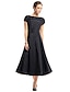 Χαμηλού Κόστους Κοκτέιλ Φορέματα-μαύρο φόρεμα σε γραμμή vintage επισκεπτών γάμου με μήκος τσαγιού κοντό μανίκι λαιμόκοψη ταφτά με κουμπιά 2024