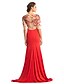 cheap Prom Dresses-Mermaid / Trumpet See Through Prom Formal Evening Dress Scoop Neck Half Sleeve Sweep / Brush Train Tulle Jersey with Beading 2020