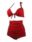 olcso Bikinik és fürdőruhák-Női Fürdőruha Bikini Fürdőruha Egyszínű Fekete Piros Tengerészkék Pántos Fürdőruhák Retro Magas derekú