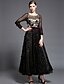 cheap Evening Dresses-Ball Gown Little Black Dress Formal Evening Dress Illusion Neck Long Sleeve Ankle Length Tulle Charmeuse Sequined with Sash / Ribbon Beading Flower 2020