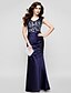 cheap Evening Dresses-Mermaid / Trumpet Color Block Formal Evening Dress Strapless Sleeveless Floor Length Lace Over Satin with Lace Side Draping 2020