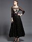 cheap Evening Dresses-Ball Gown Little Black Dress Formal Evening Dress Illusion Neck Long Sleeve Ankle Length Tulle Charmeuse Sequined with Sash / Ribbon Beading Flower 2020