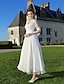 cheap Wedding Dresses-A-Line Wedding Dresses V Neck Ankle Length Organza Sheer Lace Half Sleeve Country Casual Vintage See-Through Illusion Sleeve with Bowknot Lace Sash / Ribbon 2022