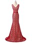 cheap Evening Dresses-Sheath / Column Vintage Inspired Formal Evening Dress V Neck Sleeveless Court Train Lace with Lace Sash / Ribbon Sequin 2020