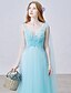 cheap Evening Dresses-A-Line Elegant Formal Evening Dress V Neck Sleeveless Sweep / Brush Train Tulle with Beading Appliques 2020