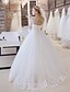 cheap Wedding Dresses-Ball Gown Wedding Dresses Jewel Neck Floor Length Lace Over Tulle 3/4 Length Sleeve Formal Casual See-Through Backless Illusion Sleeve with Sash / Ribbon Appliques 2020