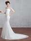 billiga Brudklänningar-Trumpet / sjöjungfru Bröllopsklänningar V-hals Hovsläp Spets Tyll Kortärmad Öppen Rygg med Spets Bård 2020