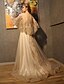 Χαμηλού Κόστους Νυφικά Φορέματα-Κήπος / Ύπαιθρος Γραμμή Α Φορεματα για γαμο Ουρά μέτριου μήκους Επίσημο Φανταχτερό Μισό μανίκι Λαιμός σέσουλα Τούλι Με Κρυσταλλάκια Πέρλες 2023 Νυφικά φορέματα