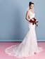 cheap Wedding Dresses-Mermaid / Trumpet Wedding Dresses V Neck Court Train Lace Over Tulle Regular Straps See-Through with Appliques 2020