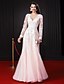 cheap Evening Dresses-A-Line Elegant Floral See Through Prom Formal Evening Dress V Neck Long Sleeve Floor Length Chiffon Lace Over Tulle with Appliques 2021