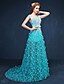 cheap Evening Dresses-A-Line Floral Formal Evening Dress V Neck Sleeveless Court Train Tulle with Pearls Appliques 2020