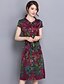 cheap Plus Size Dresses-Women&#039;s Work / Plus Size Vintage A Line Dress,Print Shirt Collar Midi Short Sleeve Blue / Red / Yellow Silk Summer