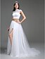 cheap Wedding Dresses-Wedding Dresses A-Line High Neck Sleeveless Sweep / Brush Train Satin Bridal Gowns With Slit Button 2023