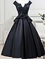 cheap Special Occasion Dresses-Ball Gown Little Black Dress Dress Cocktail Party Tea Length Sleeveless Notched Satin with Sash / Ribbon Flower 2022