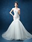 cheap Wedding Dresses-Mermaid / Trumpet Straps Sweep / Brush Train Lace / Tulle Made-To-Measure Wedding Dresses with Bowknot / Pearl / Lace by / See-Through