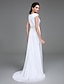 cheap Wedding Dresses-Wedding Dresses Sheath / Column V Neck Short Sleeve Sweep / Brush Train Satin Chiffon Bridal Gowns With Beading Slit 2023