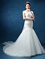 cheap Wedding Dresses-Mermaid / Trumpet Straps Sweep / Brush Train Lace / Tulle Made-To-Measure Wedding Dresses with Bowknot / Pearl / Lace by / See-Through