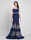 cheap Special Occasion Dresses-Fit &amp; Flare Sweetheart Neckline Sweep / Brush Train Tulle / Jersey Holiday / Cocktail Party / Formal Evening Dress with Lace / Sash / Ribbon / Beading