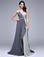 cheap Evening Dresses-A-Line Color Block Formal Evening Dress V Neck Sleeveless Court Train Chiffon with Criss Cross Crystals Beading 2020