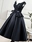 cheap Special Occasion Dresses-Ball Gown Little Black Dress Dress Cocktail Party Tea Length Sleeveless Notched Satin with Sash / Ribbon Flower 2022