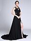 cheap Special Occasion Dresses-A-Line Elegant Dress Formal Evening Court Train Sleeveless Jewel Neck Chiffon with Ruched Lace Insert 2022