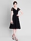 cheap Mother of the Bride Dresses-A-Line Mother of the Bride Dress Little Black Dress V Neck Tea Length Chiffon Tulle Short Sleeve with Ruched Beading 2022