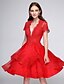 cheap Prom Dresses-Ball Gown Elegant Dress Cocktail Party Prom Knee Length Short Sleeve Plunging Neck Organza with Buttons Appliques 2023