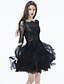 cheap Cocktail Dresses-Ball Gown Illusion Neck Short / Mini Lace / Tulle Little Black Dress Cocktail Party Dress with Appliques / Lace / Ruffles by