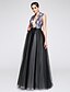 cheap Evening Dresses-A-Line Plunging Neck Floor Length Satin / Tulle Formal Evening Dress with Pattern / Print by TS Couture®