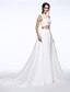 cheap Wedding Dresses-A-Line Wedding Dresses Jewel Neck Court Train Lace Over Charmeuse Regular Straps Romantic Boho See-Through Illusion Detail with Beading Appliques Button 2020