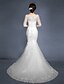 baratos Vestidos de Casamento-Sereia Scoop pescoço Cauda Escova Tule Vestidos de casamento feitos à medida com Apliques / Renda / Botão de