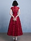 cheap Bridesmaid Dresses-Ball Gown High Neck Tea Length Lace / Satin Bridesmaid Dress with Bow(s) / Sash / Ribbon by