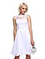 cheap Cocktail Dresses-A-Line Fit &amp; Flare Homecoming Cocktail Party Prom Dress Illusion Neck Sleeveless Knee Length Satin with Appliques 2020