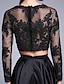 billige Aftenkjoler-Two Piece A-Line Two Piece See Through Crop Top Prom Formal Evening Dress Illusion Neck Long Sleeve Floor Length Stretch Satin Sheer Lace with Appliques 2021
