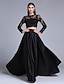 billige Aftenkjoler-Two Piece A-Line Two Piece See Through Crop Top Prom Formal Evening Dress Illusion Neck Long Sleeve Floor Length Stretch Satin Sheer Lace with Appliques 2021