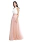 cheap Bridesmaid Dresses-Two Piece / A-Line Jewel Neck Floor Length Lace Over Tulle Bridesmaid Dress with Sash / Ribbon / Ruched