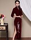 cheap Women&#039;s Dresses-Women&#039;s Velvet Plus Size Daily Chinoiserie Maxi Sheath Dress - Embroidered Split Stand Fall Silk Blue Wine XL XXL XXXL