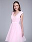 cheap Cocktail Dresses-A-Line Holiday Homecoming Cocktail Party Dress V Neck Sleeveless Knee Length Tulle with Sash / Ribbon Appliques 2021 / Prom