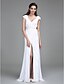 cheap Wedding Dresses-Wedding Dresses Sheath / Column V Neck Short Sleeve Sweep / Brush Train Satin Chiffon Bridal Gowns With Beading Slit 2023