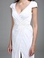 cheap Wedding Dresses-Wedding Dresses Sheath / Column V Neck Short Sleeve Sweep / Brush Train Satin Chiffon Bridal Gowns With Beading Slit 2023