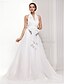 billiga Brudklänningar-A-linje Enaxlad Svepsläp Chiffong Bröllopsklänningar tillverkade med Rosett / Korsvis / Blombrosch i kristall av LAN TING BRIDE®