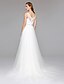 cheap Wedding Dresses-Wedding Dresses A-Line V Neck Sleeveless Court Train Tulle Bridal Gowns With Sash / Ribbon Beading 2023