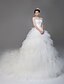 cheap The Wedding Store-Ball Gown Wedding Dresses Bateau Neck Cathedral Train Tulle Half Sleeve See-Through with Beading Sequin