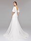 cheap Wedding Dresses-A-Line V Neck Court Train Lace / Tulle Made-To-Measure Wedding Dresses with Sequin / Appliques / Button by LAN TING BRIDE® / Bell Sleeve / Open Back / Royal Style