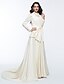 cheap Evening Dresses-A-Line Celebrity Style Dress Engagement Chapel Train Long Sleeve High Neck Satin with Bow(s) Pleats 2022 / Formal Evening