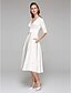 cheap Wedding Dresses-A-Line Wedding Dresses V Neck Tea Length Satin Half Sleeve Simple Casual Vintage Little White Dress with Sash / Ribbon 2022