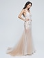 cheap Special Occasion Dresses-Mermaid / Trumpet Elegant Formal Evening Dress Halter Neck Sleeveless Sweep / Brush Train Lace Tulle with Lace Pleats